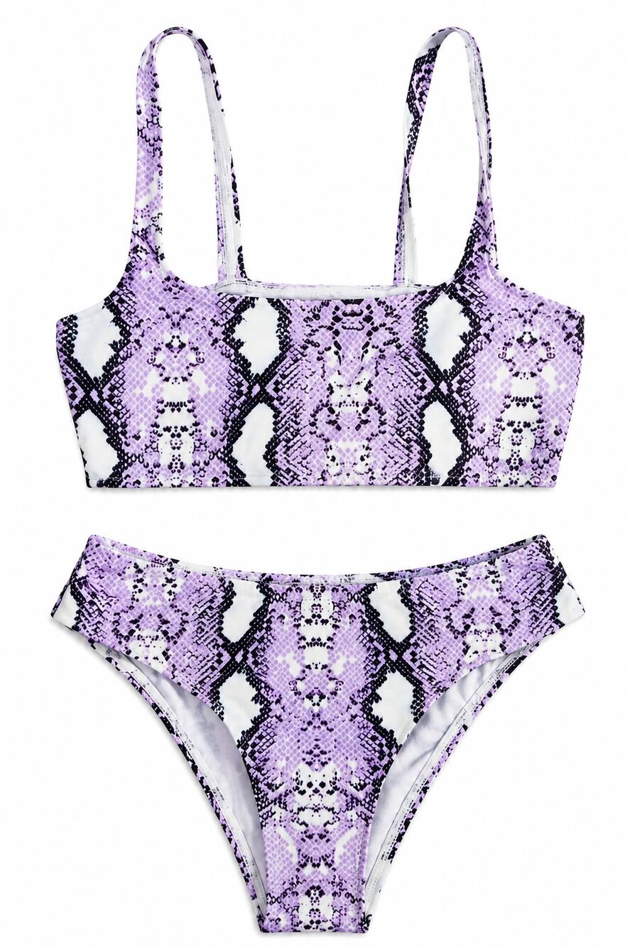 SHEIN Bikini Set Womens M Purple Snakeskin Print Bralette Scoop Cheeky Swim